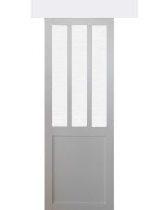 Porte Coulissante Atelier Blanc vitre depoli H204 x l83 + Rail alu Bandeau Blanc et 2 Coquilles