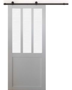 Porte Coulissante Atelier blanc vitre depoli H204 x L73 + Rail a roulettes et 2 Coquilles