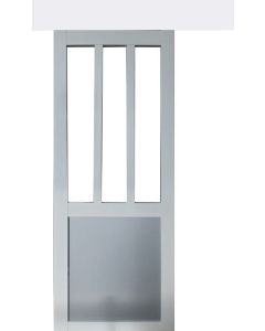 Porte Coulissante Atelier blanc et panneaux Gris RAL7035 Vitree H204 x L83 + Rail Alu Bandeau blanc et 2 Coquilles 