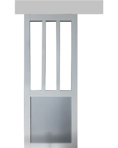 Porte Coulissante Atelier blanc et panneaux Gris RAL7035 Vitree H204 x L73 + Rail Alu et 2 Coquilles