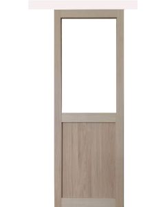 Porte Coulissante Atelier placage chene Vitrée H204 x L73 + Rail Alu Bandeau Blanc et 2 Coquilles