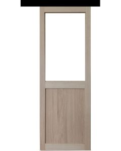 Porte Coulissante Atelier placage chene Vitrée H204 x L73 + Rail Alu bandeau noir 